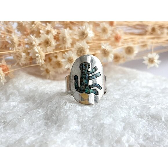 RARE Taxco Mexico Monkey Abalone Inlaid 925 Sterling Silver Vintage Ring - sz 8 - Picture 11 of 14